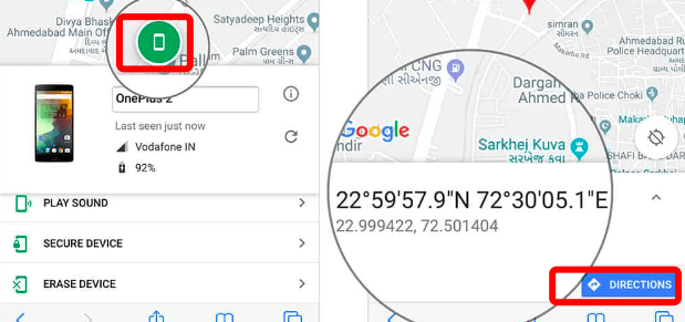 Tap the Location tag on the Map and tap the Direction to find the device location