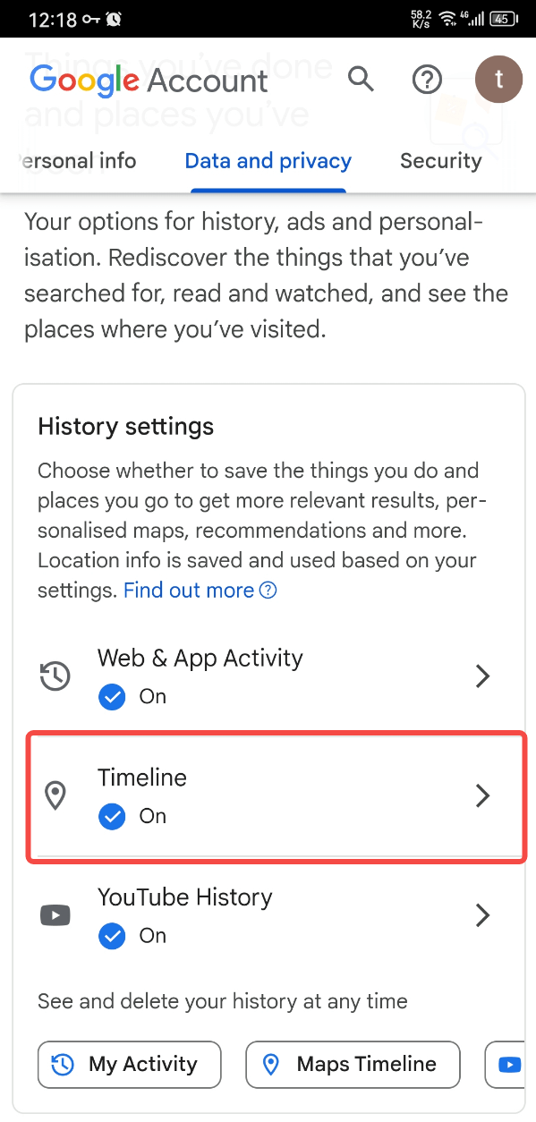 Locate Timeline and turn it on