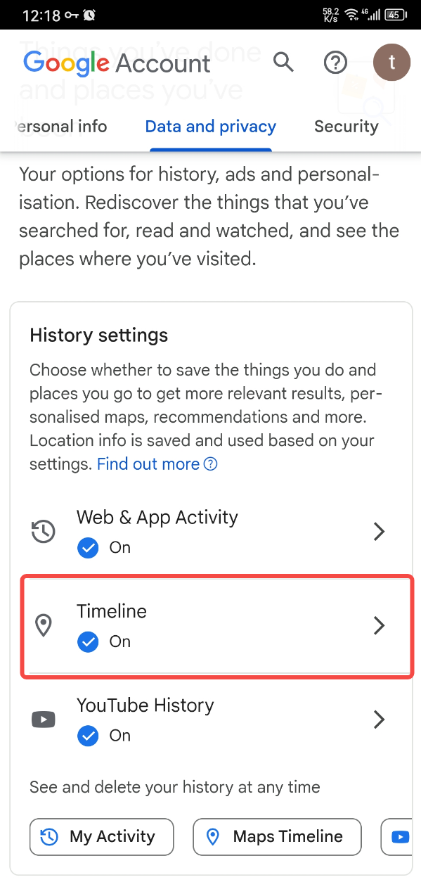 Timeline feature on Google