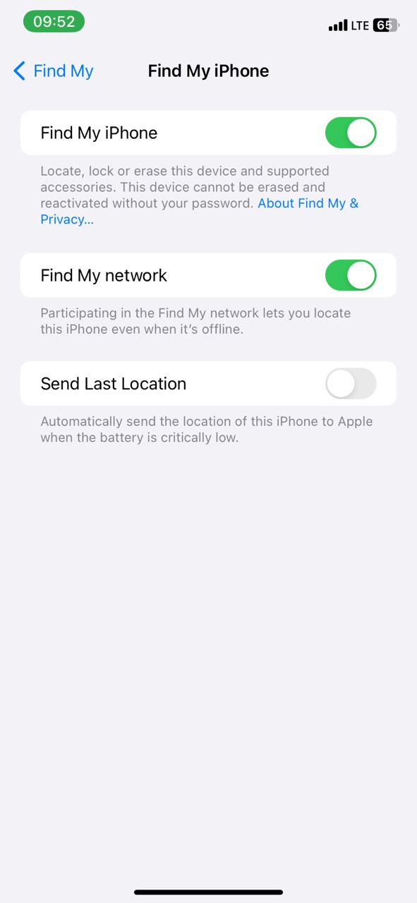 Turn on “Find My iPhone” and “Find My Network”