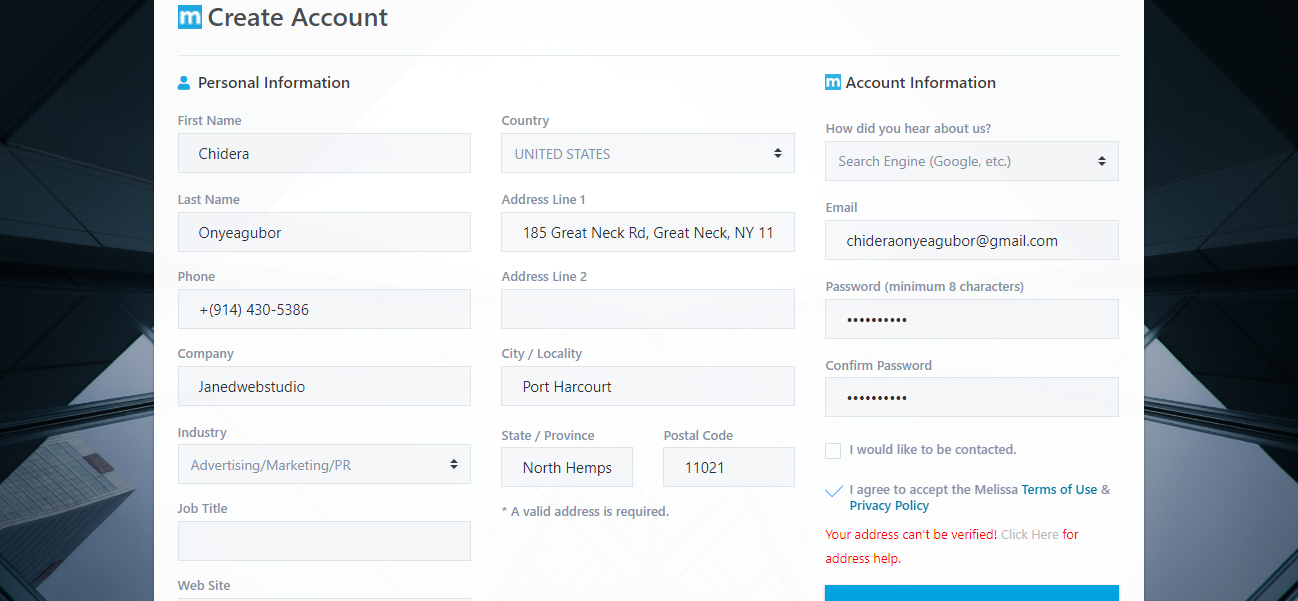 Create an account on Melissa Lookups