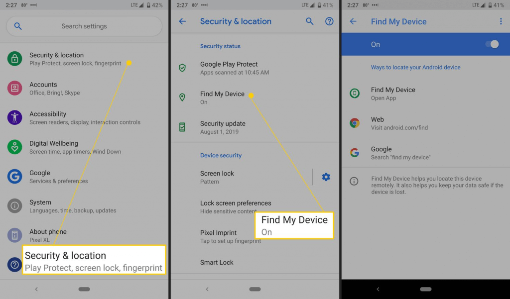 Go to “Security” and then “Find My Device”