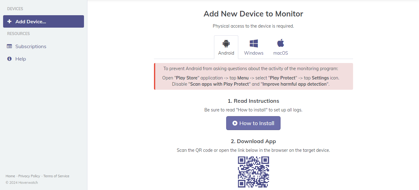 Add new device to monitor on Hoverwatch