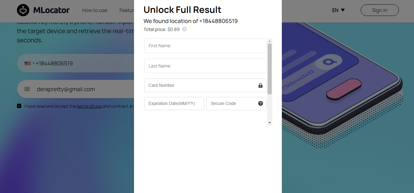 pay to unlock full result on MLocator