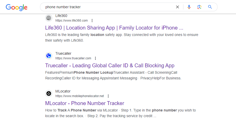 search phone number tracker on Google