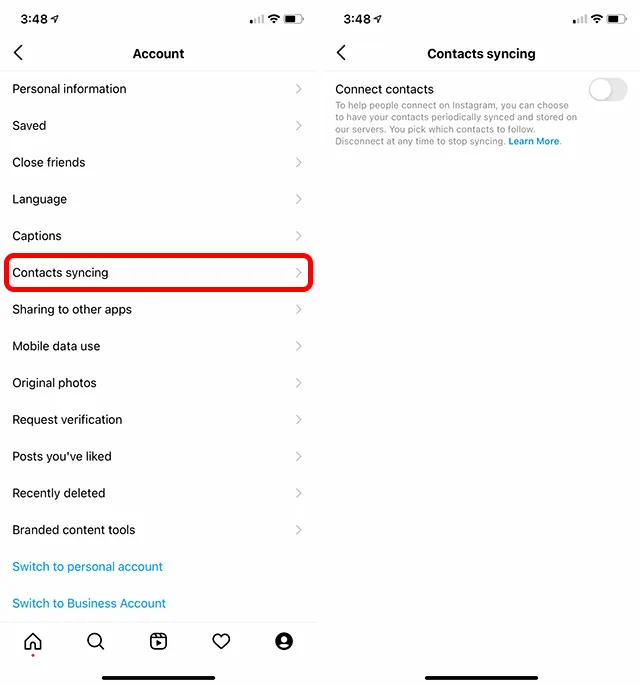 sincronización de contactos de Instagram