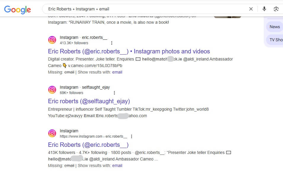 buscar el correo electrónico del usuario de Instagram en Google
